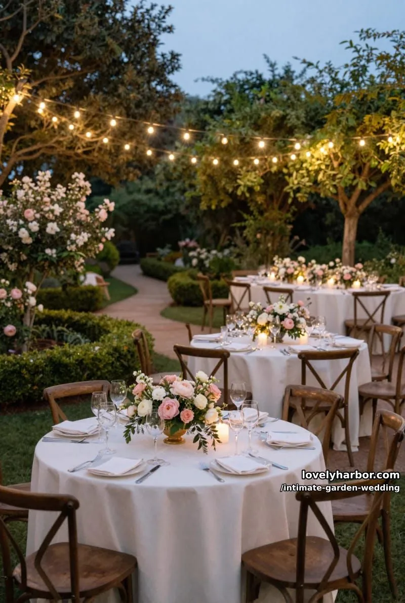 elegant outdoor wedding reception at dusk with glowing lights and lush florals 1