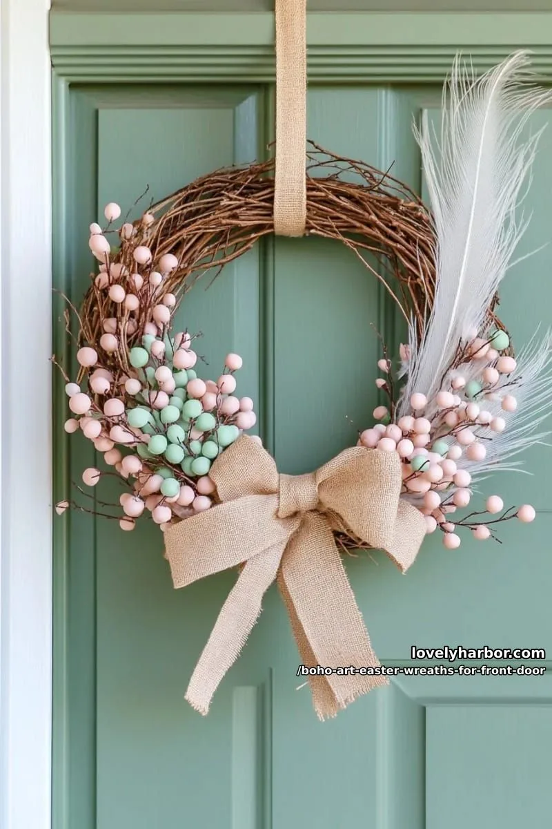 15 Boho Art Easter Wreaths for an Inviting Front Door 30 elegant two-tone wreath with pastel faux berries, feathers, and a burlap bow 1