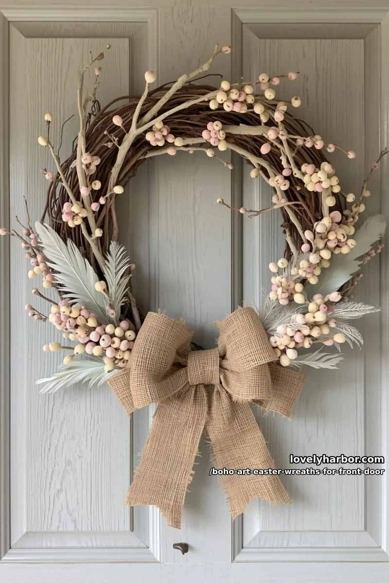 15 Boho Art Easter Wreaths for an Inviting Front Door 31 elegant two-tone wreath with pastel faux berries, feathers, and a burlap bow 1