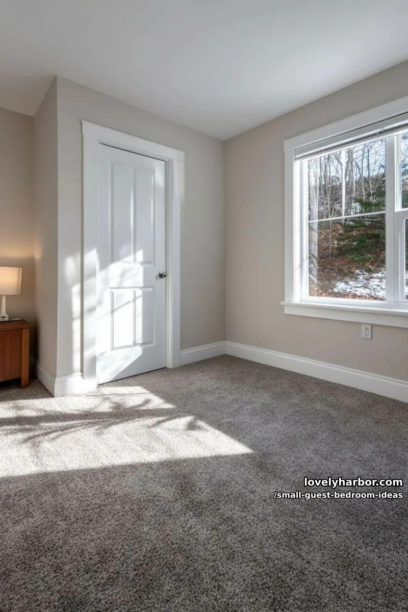 empty beige room with white door, gray carpet, and natural light. 1