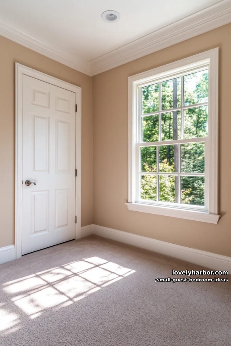 empty beige room with white door, gray carpet, and natural light. 1
