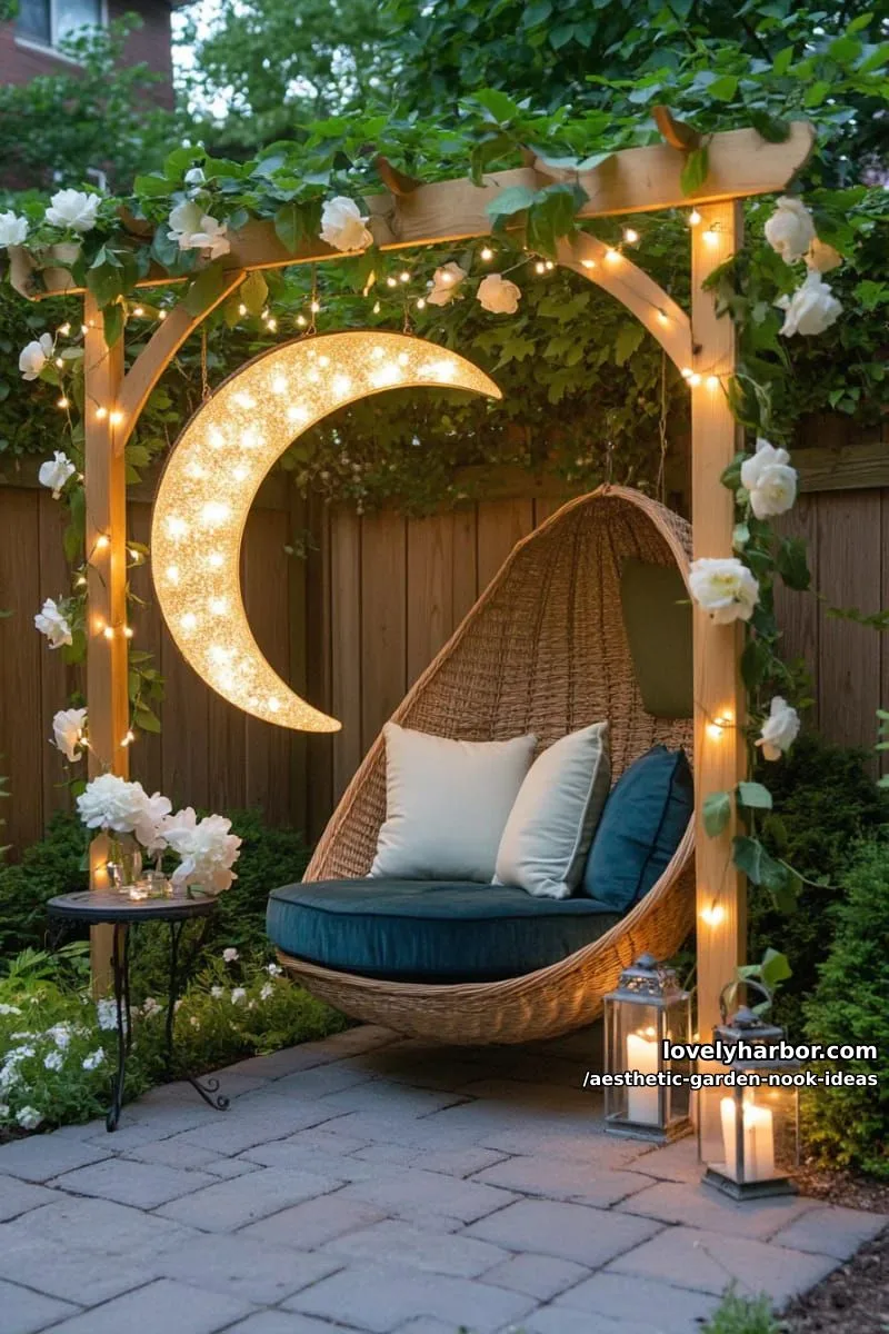 15 Aesthetic Garden Nook Ideas to Inspire Your Outdoor Escape 17 enchanted moonlit nook with crescent-shaped lighting and floral garlands 1