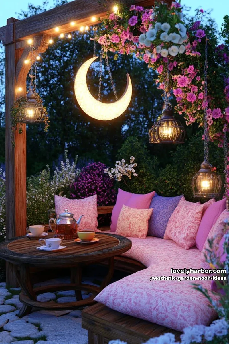 15 Aesthetic Garden Nook Ideas to Inspire Your Outdoor Escape 18 enchanted moonlit nook with crescent-shaped lighting and floral garlands 1