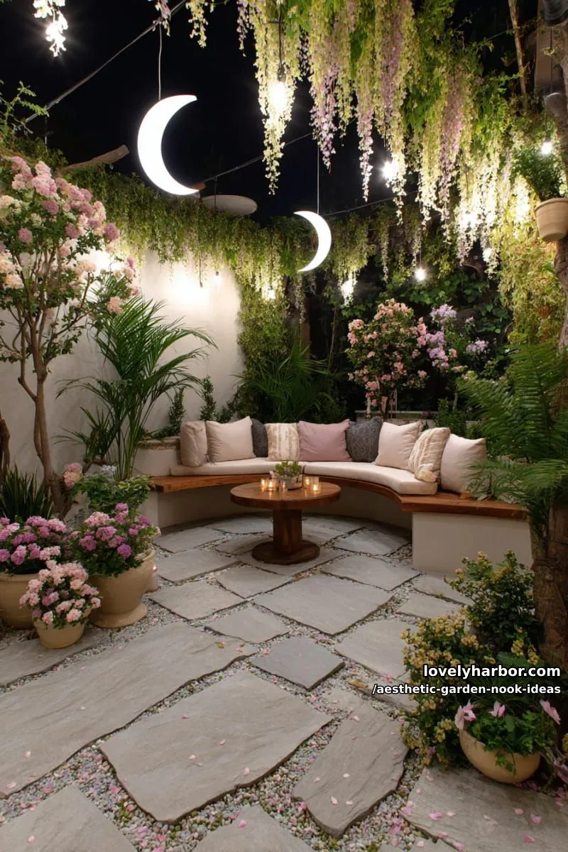15 Aesthetic Garden Nook Ideas to Inspire Your Outdoor Escape 19 enchanted moonlit nook with crescent-shaped lighting and floral garlands 1