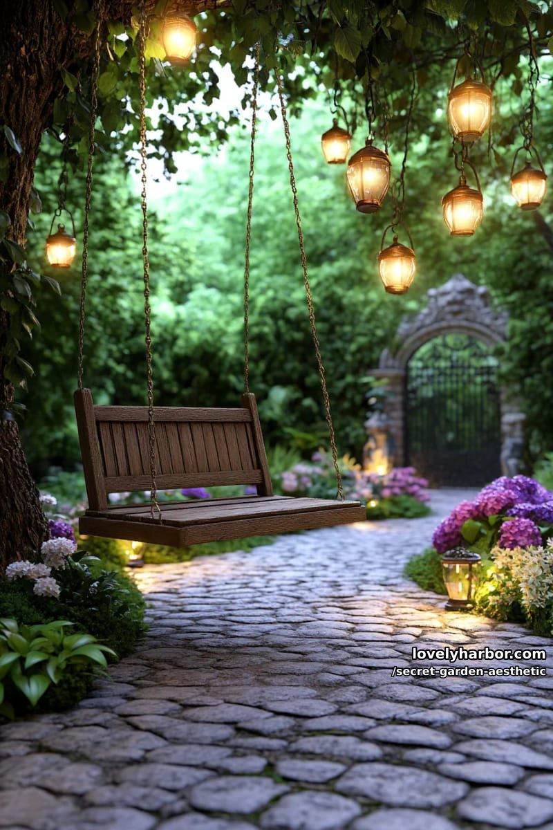 enchanting forest swing framed by arching branches and glowing lanterns 1