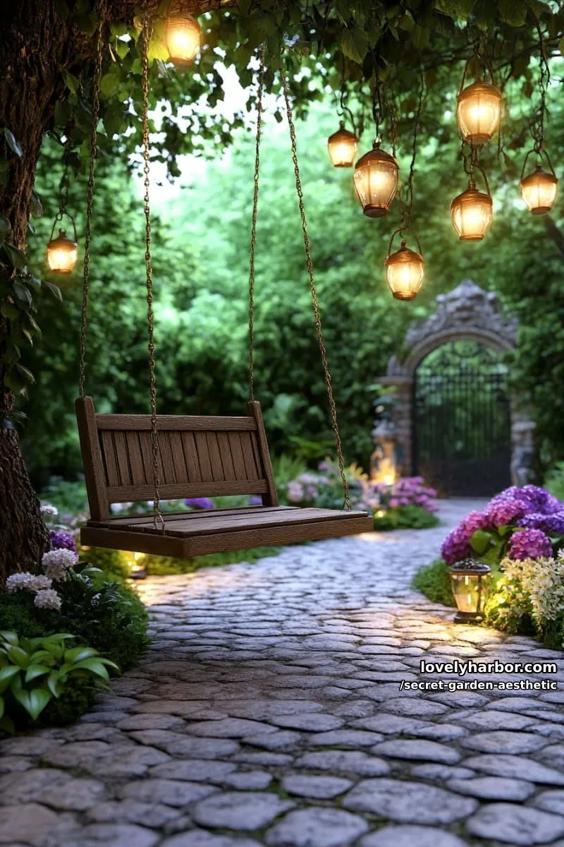 15 Secret Garden Inspirations for a Lush Backyard Retreat 24 enchanting forest swing framed by arching branches and glowing lanterns 1