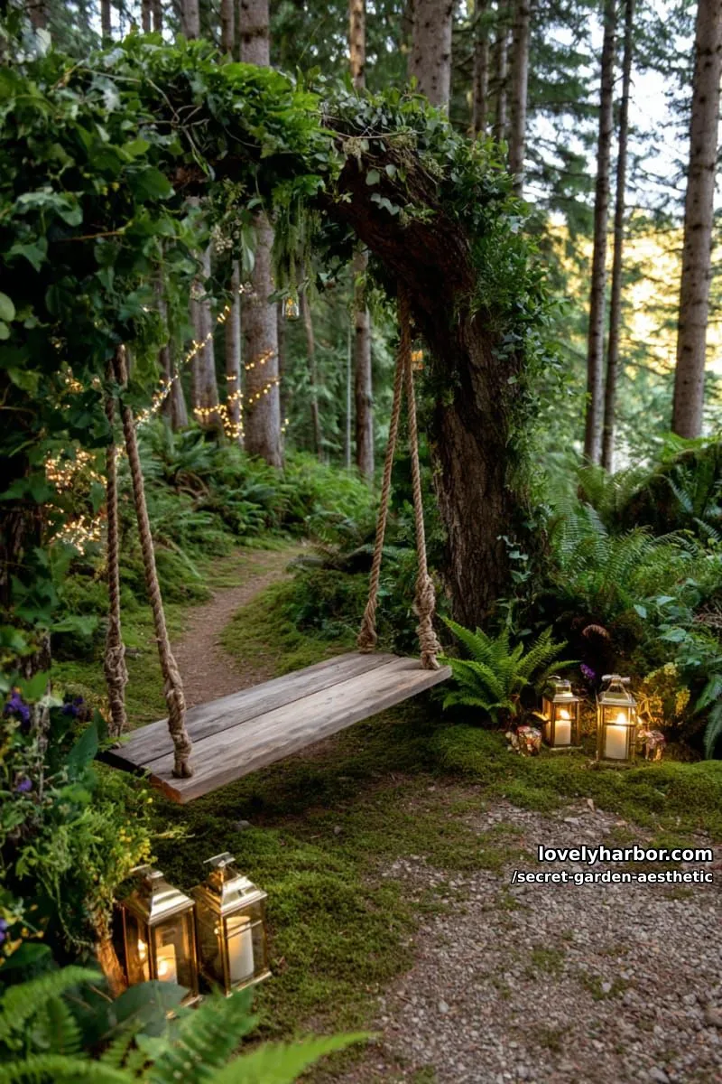 15 Secret Garden Inspirations for a Lush Backyard Retreat 25 enchanting forest swing framed by arching branches and glowing lanterns 1