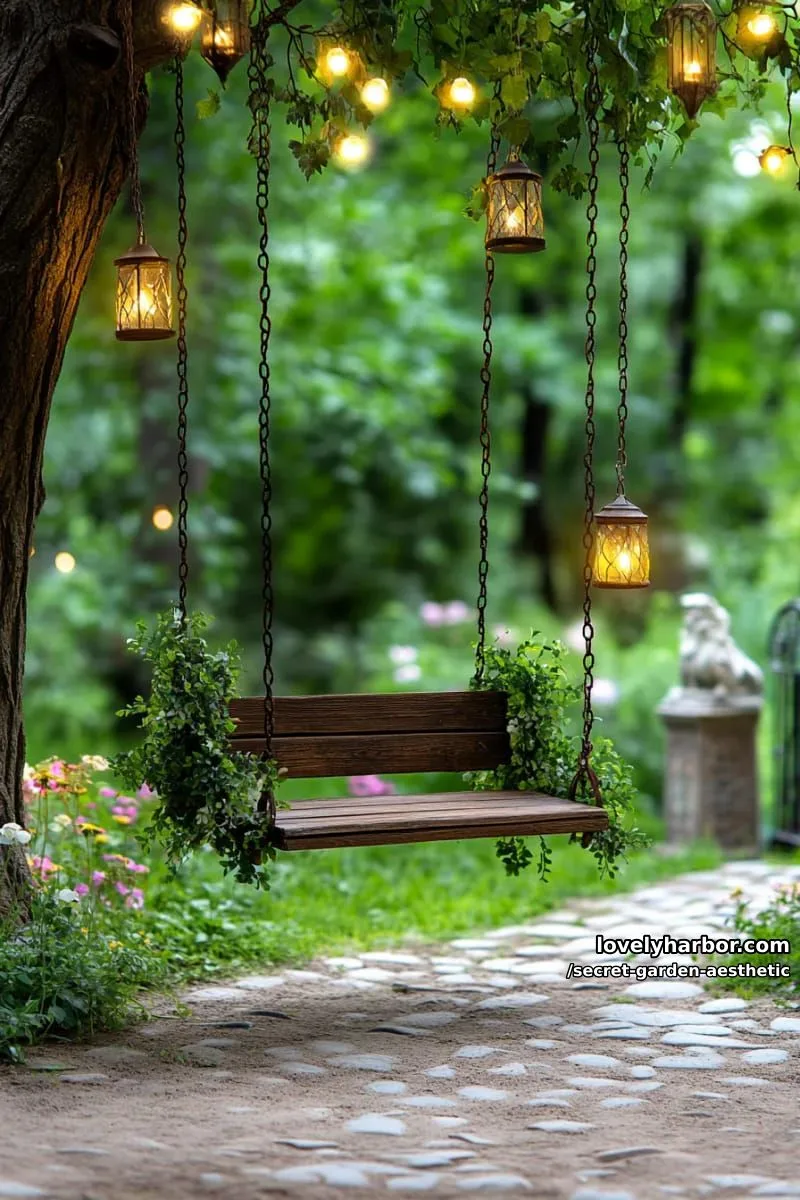 15 Secret Garden Inspirations for a Lush Backyard Retreat 26 enchanting forest swing framed by arching branches and glowing lanterns 1
