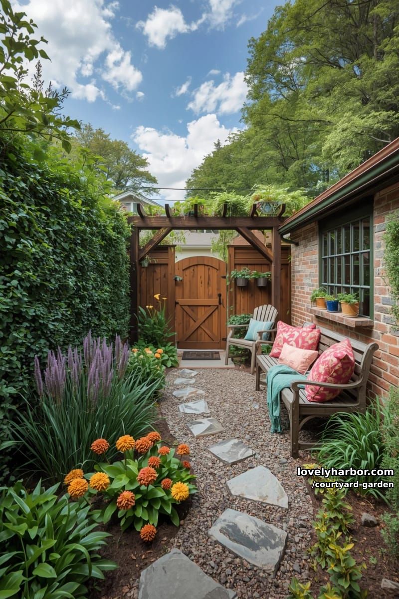 enclosed garden with stone path, pergola, colorful flowers, and garden shed 1
