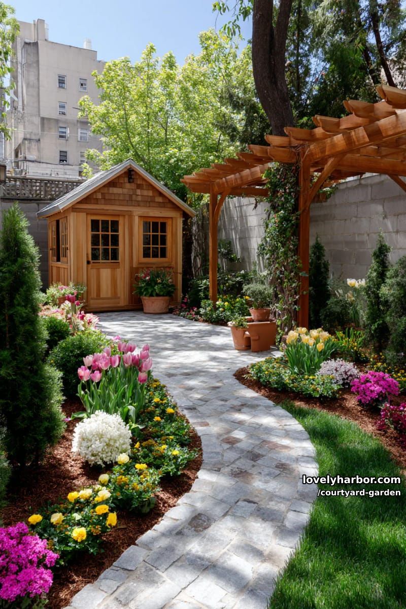 enclosed garden with stone path, pergola, colorful flowers, and garden shed 1