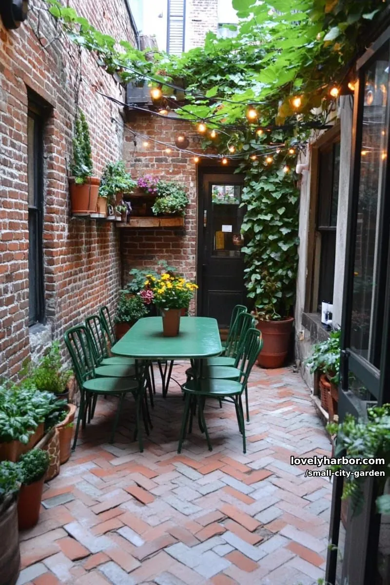 20 Small City Garden To Transform Your Space 35 enclosed patio with green metal dining table, potted plants, and climbing vines. 1