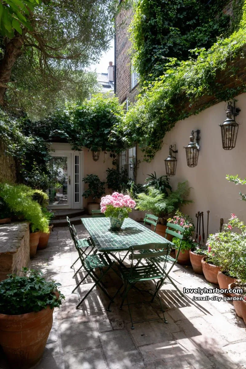 20 Small City Garden To Transform Your Space 36 enclosed patio with green metal dining table, potted plants, and climbing vines. 1