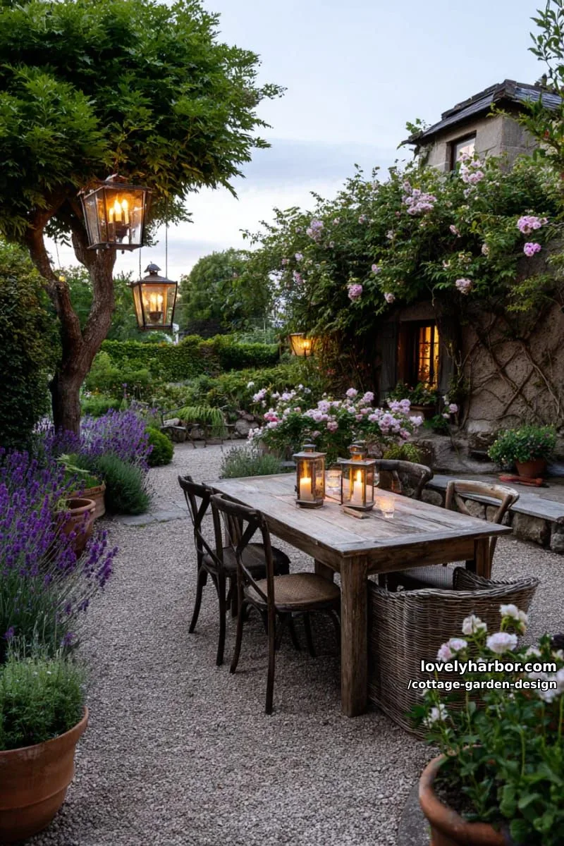 english cottage garden dining area with gravel path and evening lanterns 1