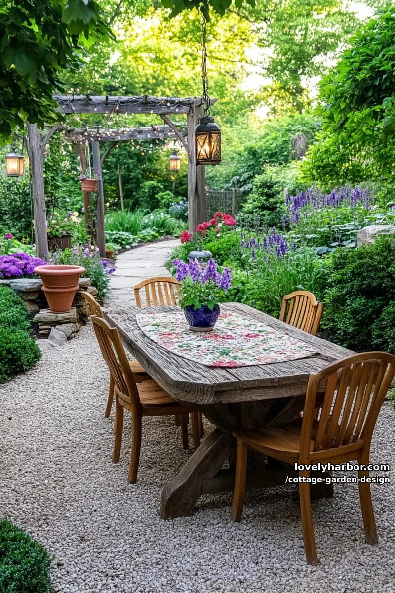english cottage garden dining area with gravel path and evening lanterns 1