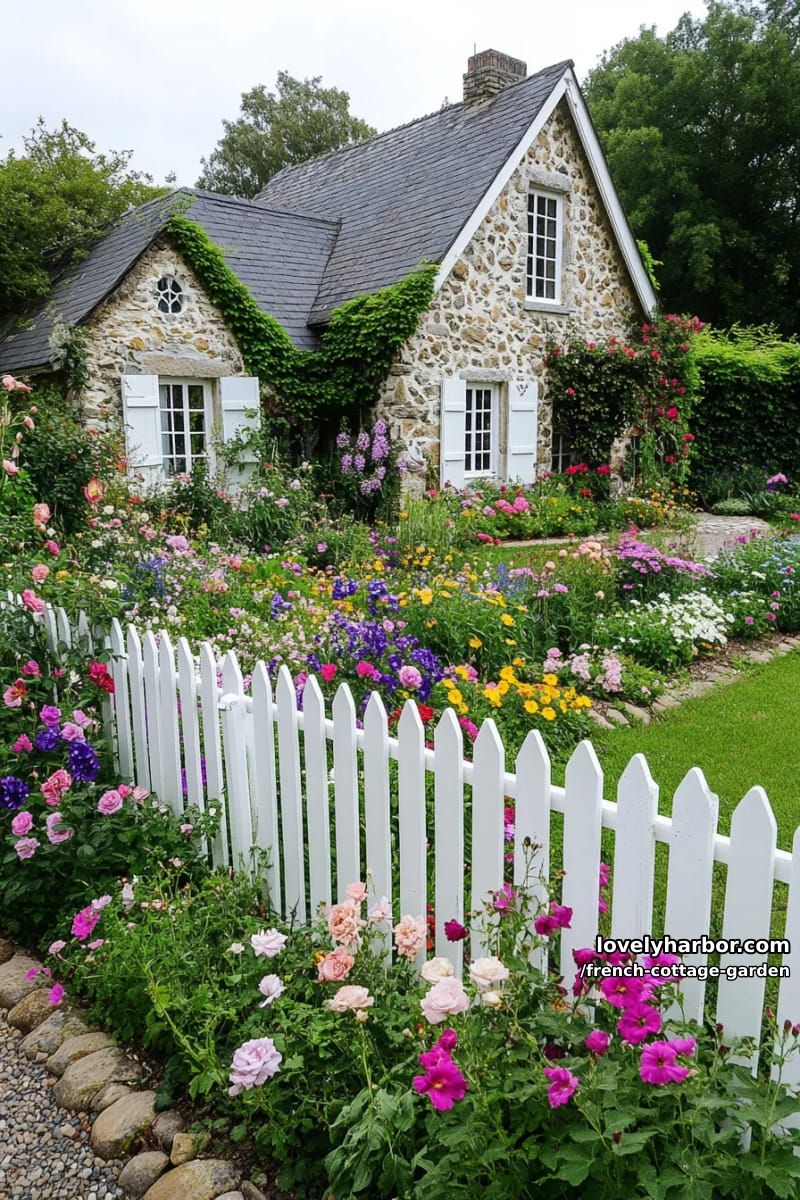 english cottage garden with stone house, picket fence, and vibrant flowers 1