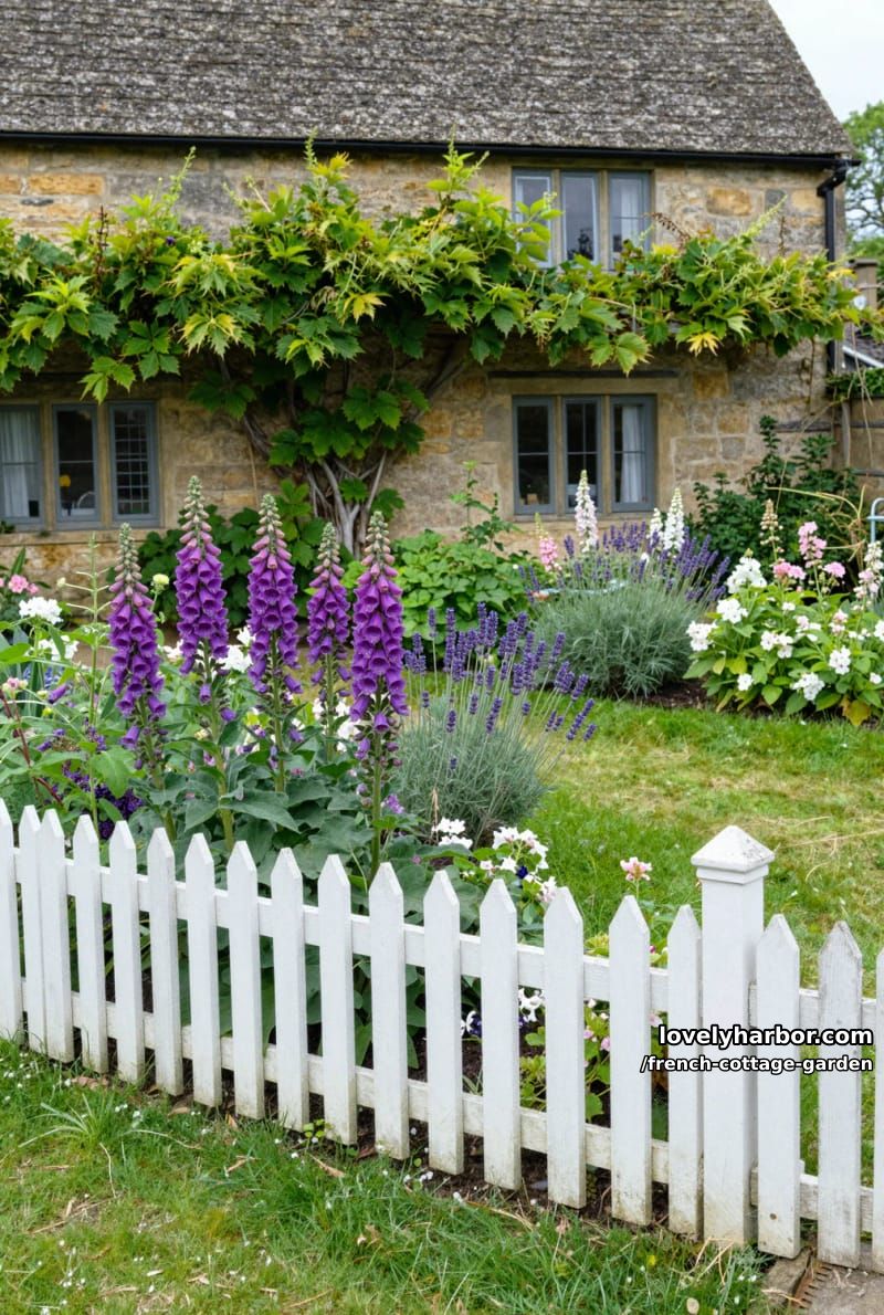 english cottage garden with stone house, picket fence, and vibrant flowers 1
