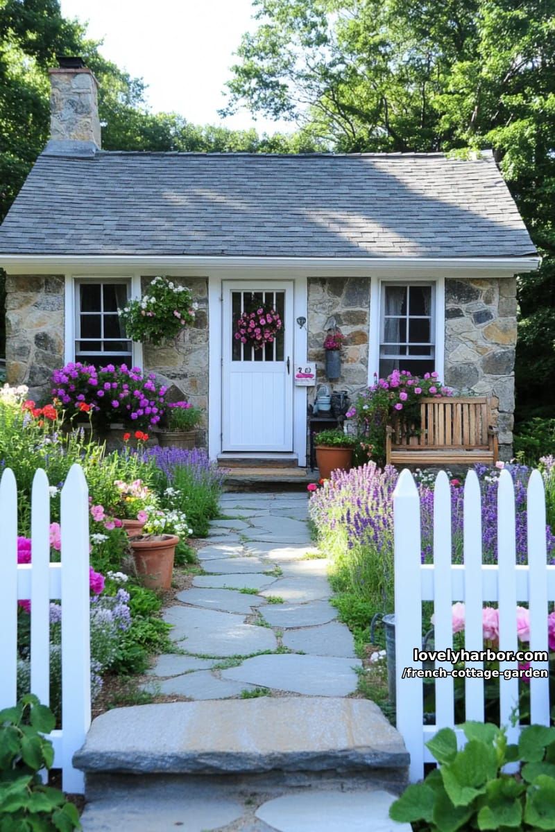 english cottage garden with stone house, picket fence, and vibrant flowers 1