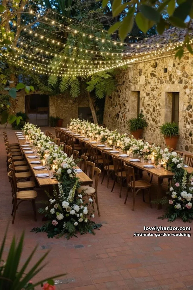 evening courtyard banquet, brick paving, string lights, abundant florals, intimate setting 1