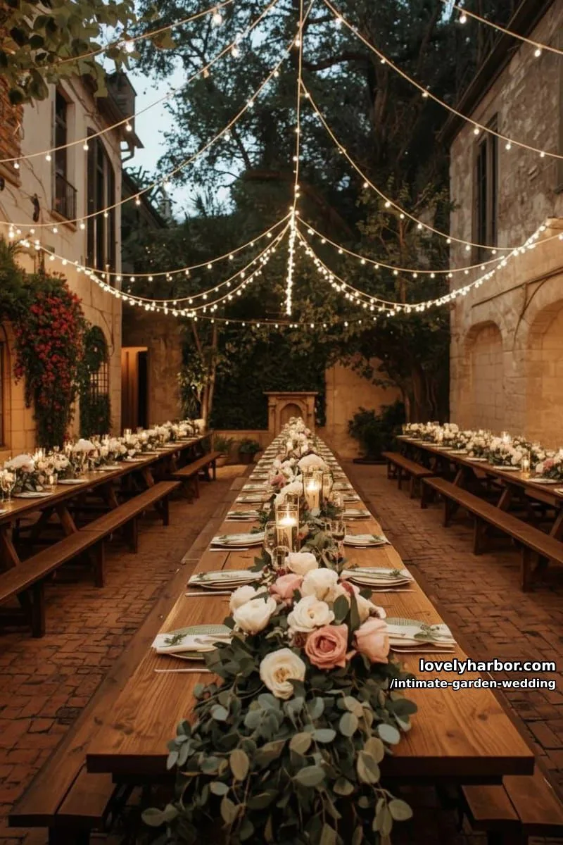evening courtyard banquet, brick paving, string lights, abundant florals, intimate setting 1