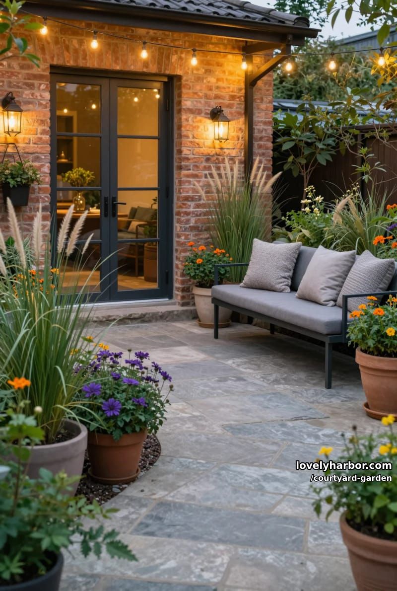 evening patio garden with string lights, modern bench, and potted plants 1