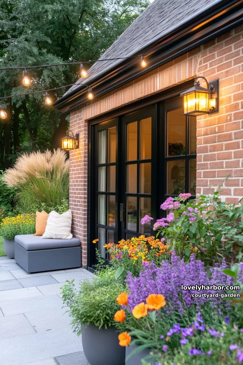 evening patio garden with string lights, modern bench, and potted plants 1
