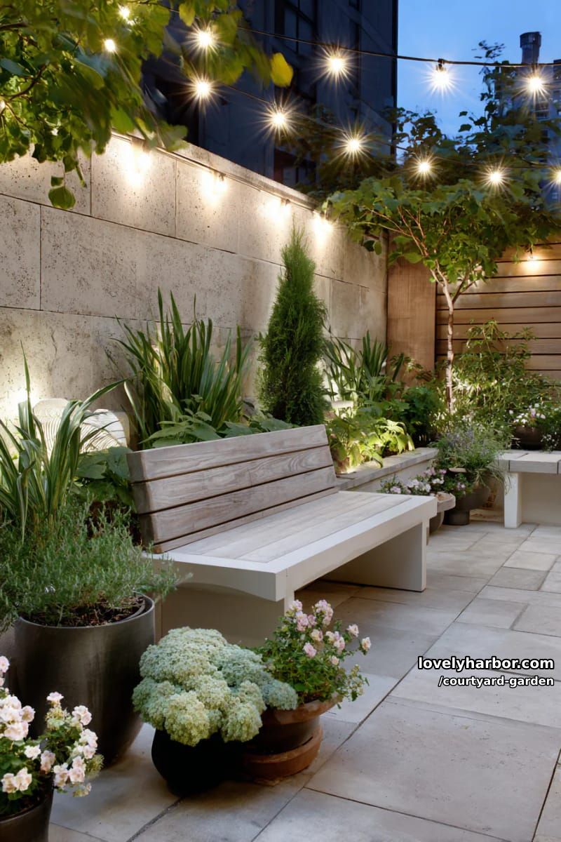 evening patio garden with string lights, modern bench, and potted plants 1
