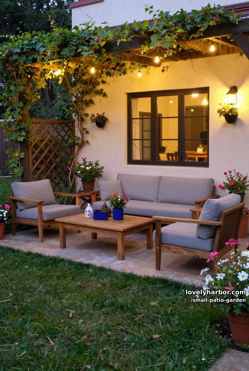 evening patio with pergola, string lights, gray sofa, and blue planters. 1