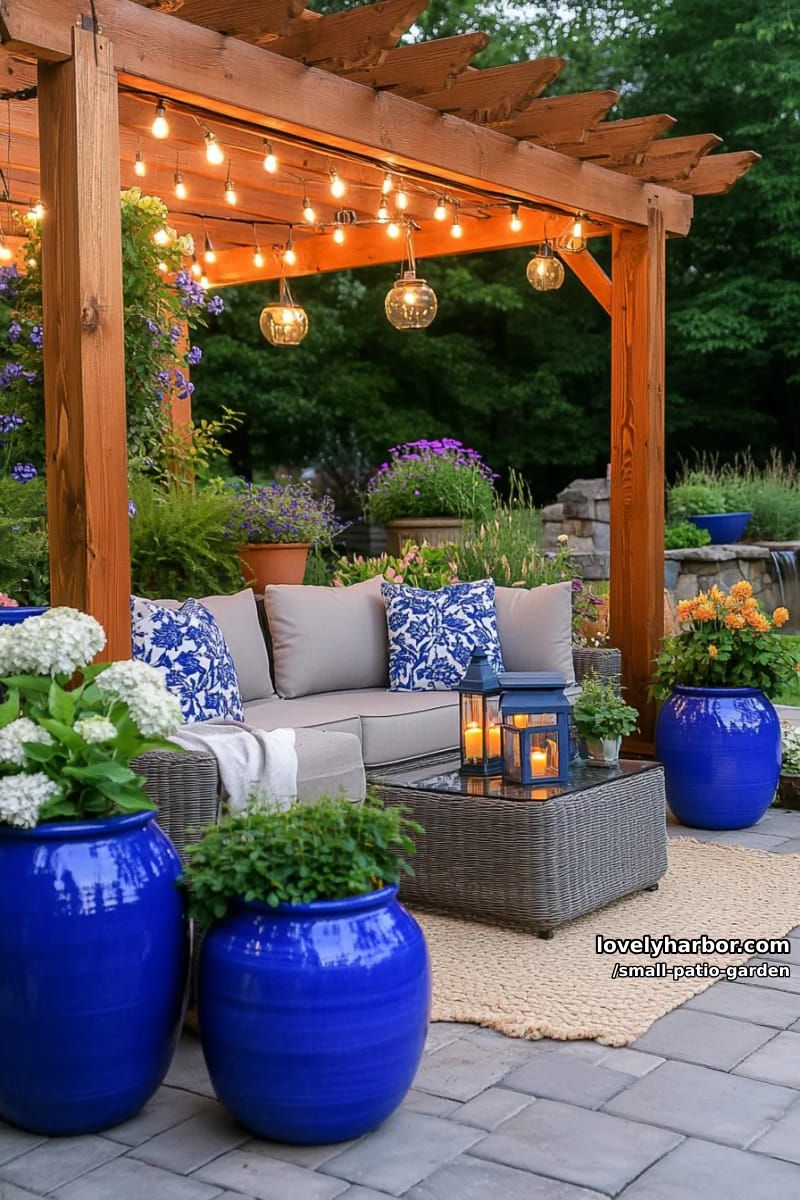 evening patio with pergola, string lights, gray sofa, and blue planters. 1
