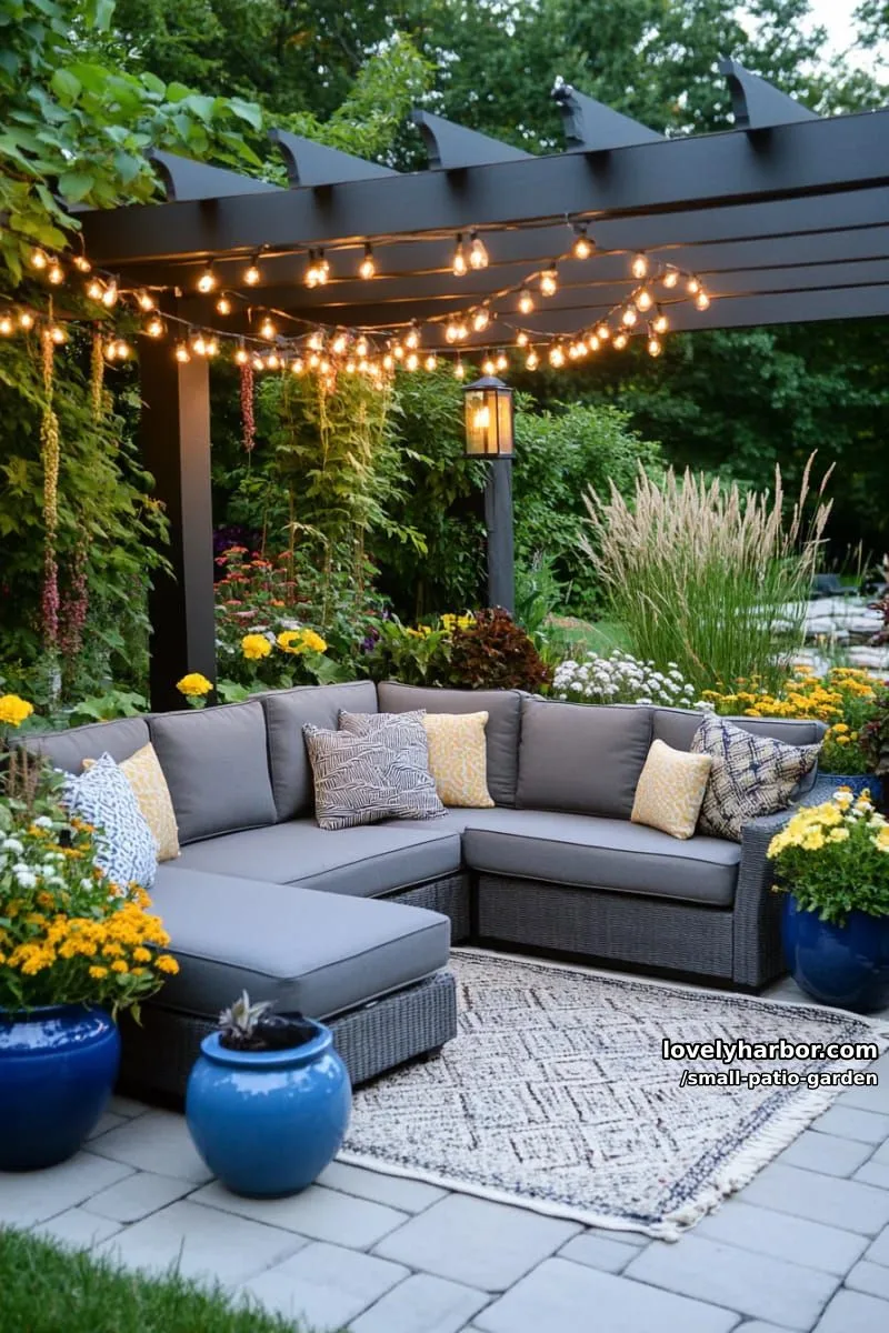 evening patio with pergola, string lights, gray sofa, and blue planters. 1