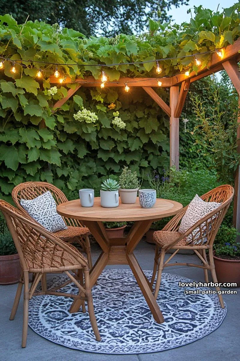 evening patio with string lights, climbing plants, and round wooden table. 1