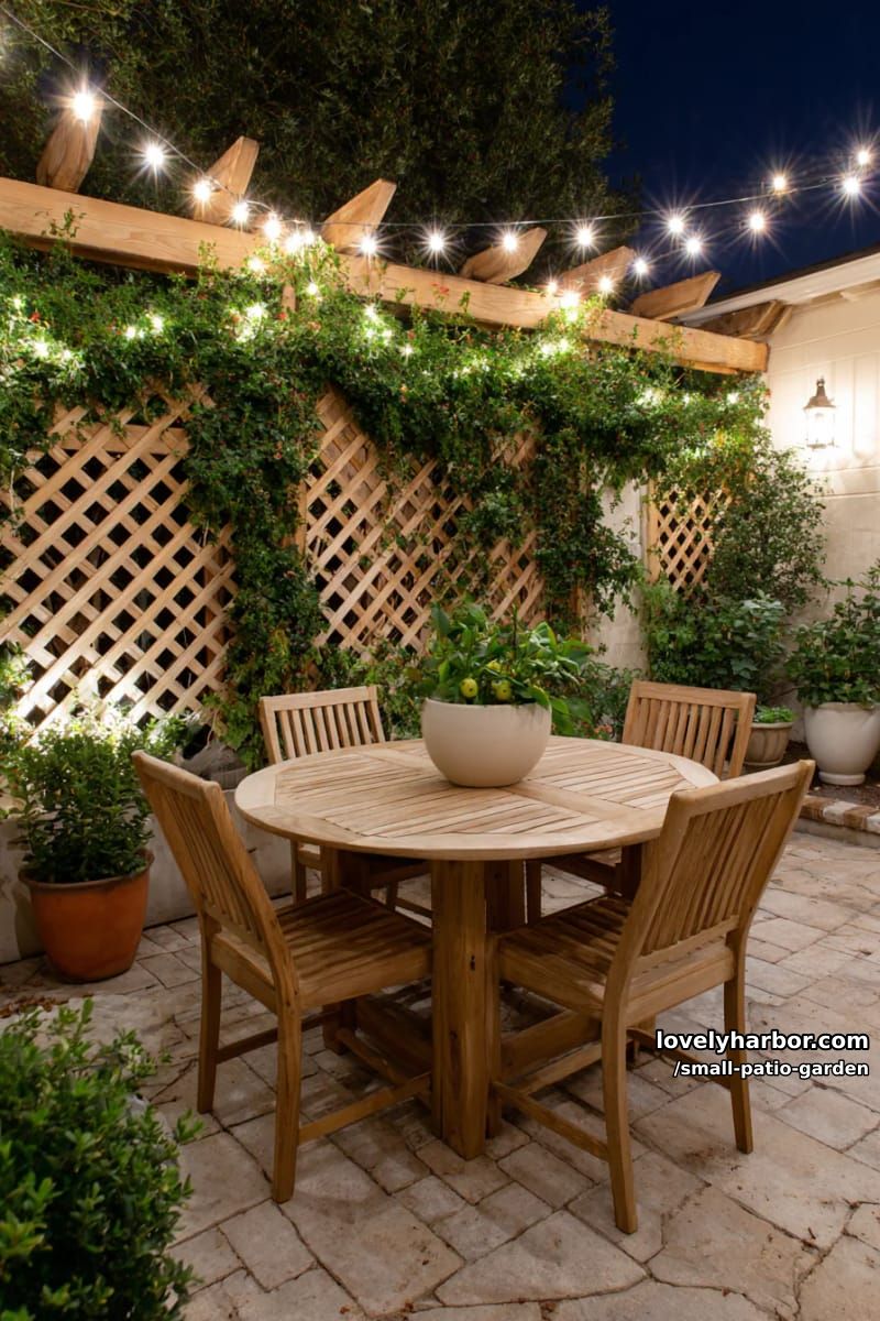evening patio with string lights, climbing plants, and round wooden table. 1