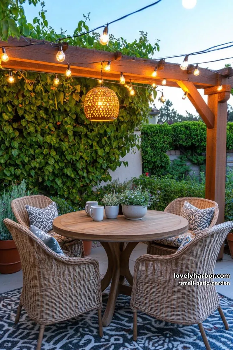 evening patio with string lights, climbing plants, and round wooden table. 1