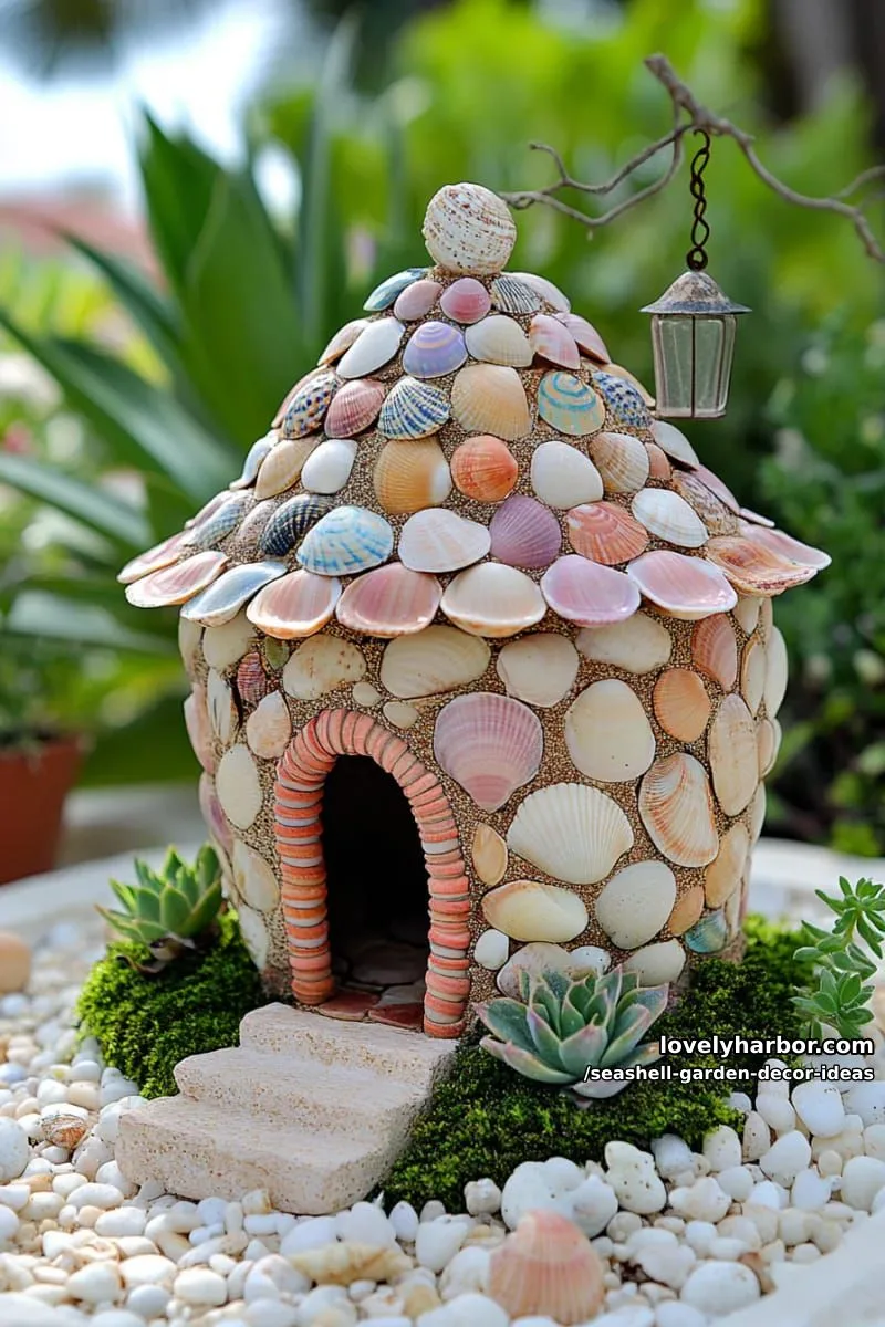 fairy garden cottage covered in colorful seashell patterns 1