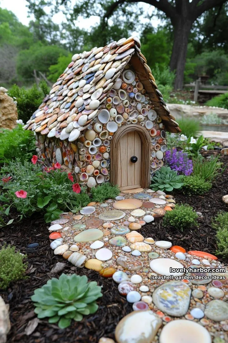 fairy garden cottage covered in colorful seashell patterns 1