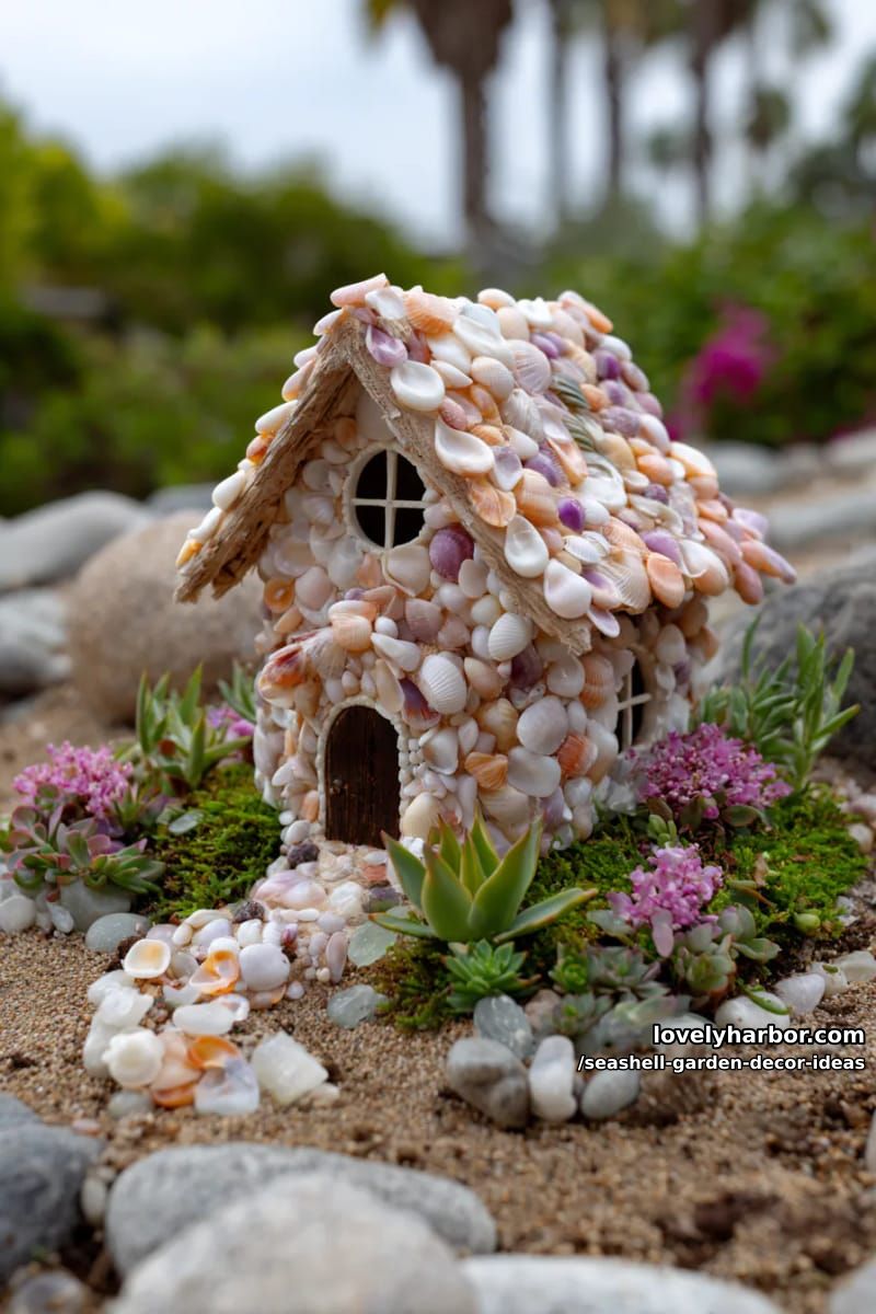 fairy garden cottage covered in colorful seashell patterns 1