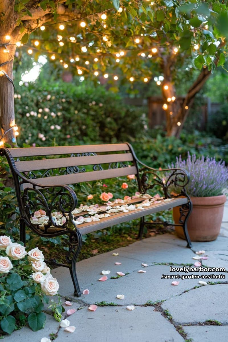 fairy lights draped over a vintage wrought iron garden bench 1