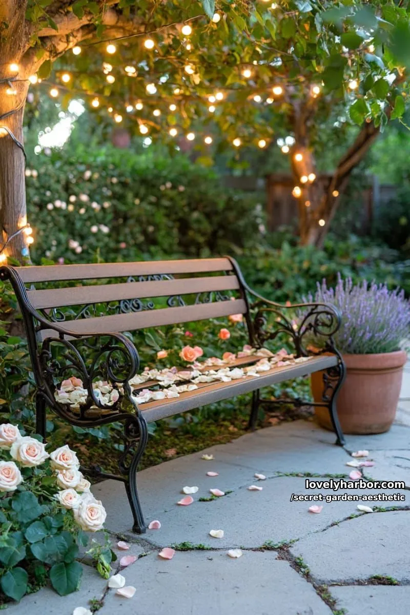 15 Secret Garden Inspirations for a Lush Backyard Retreat 11 fairy lights draped over a vintage wrought iron garden bench 1