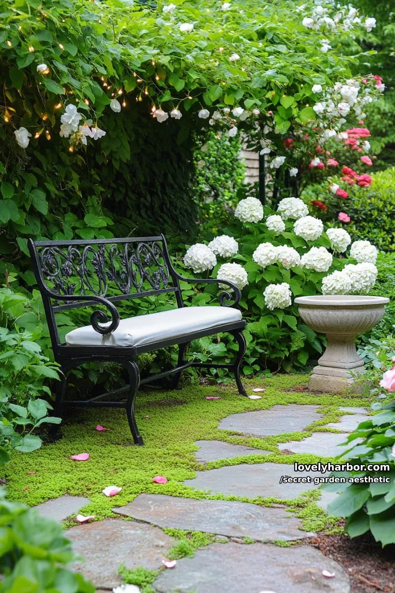 15 Secret Garden Inspirations for a Lush Backyard Retreat 12 fairy lights draped over a vintage wrought iron garden bench 1