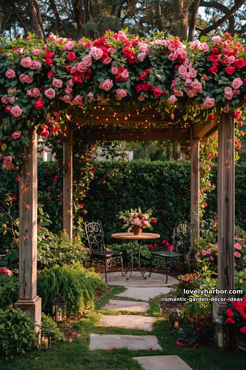 fairy lights draped over rose-covered pergolas for enchanting evening ambience 1