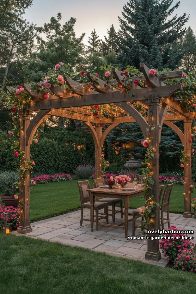 fairy lights draped over rose-covered pergolas for enchanting evening ambience 1
