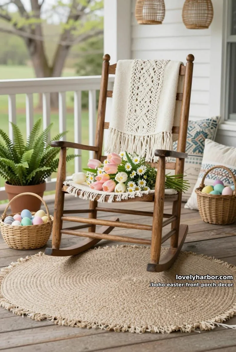 farmhouse rocking chair draped with a macramé throw and spring florals 1