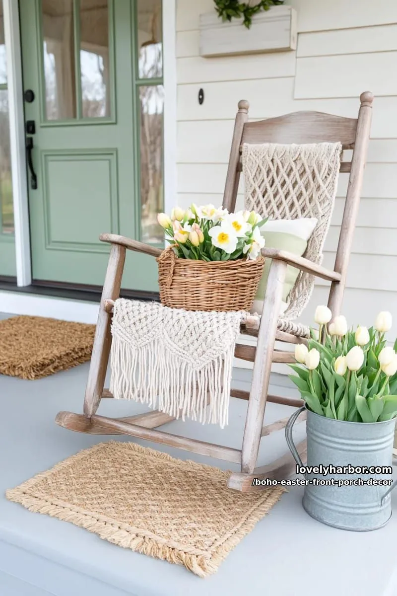farmhouse rocking chair draped with a macramé throw and spring florals 1