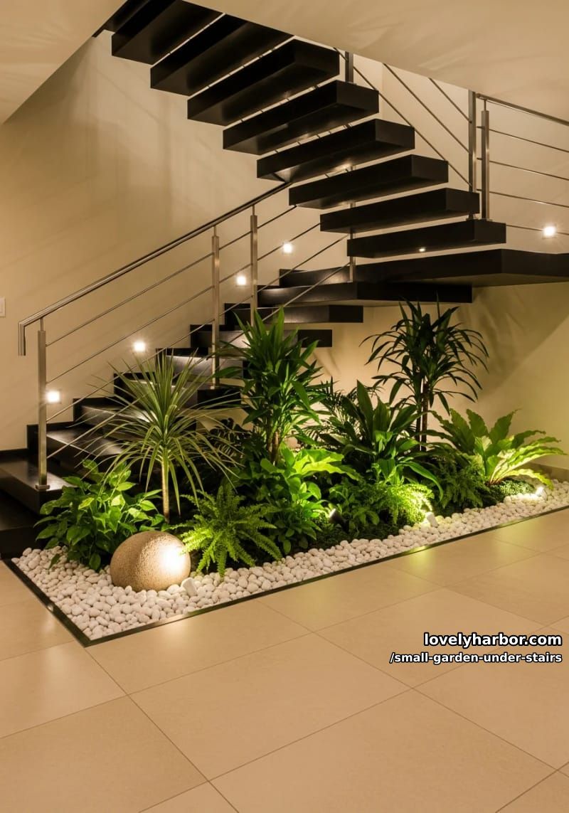 floating black staircase with indoor tropical garden and recessed lighting. 1