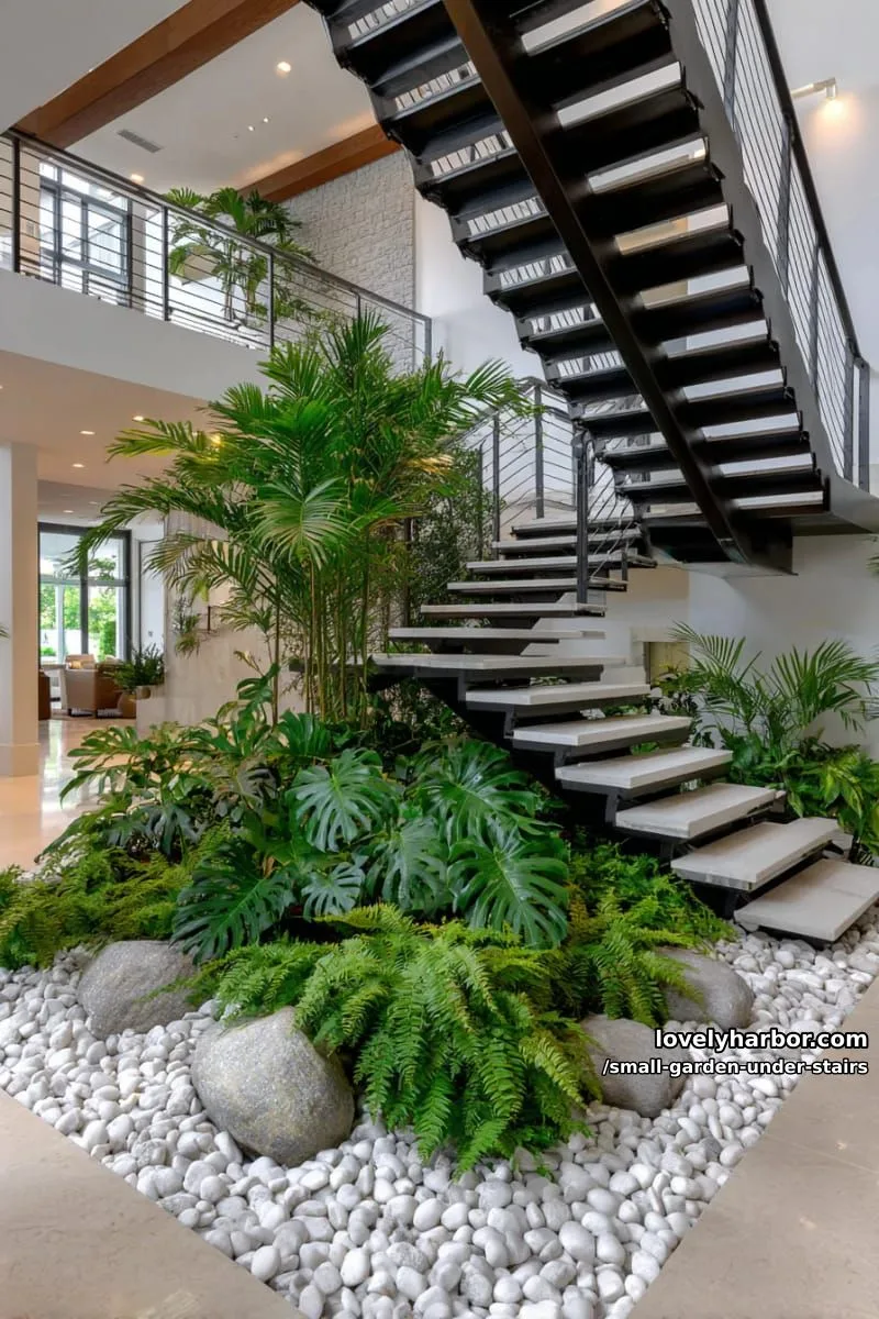 floating black staircase with indoor tropical garden and recessed lighting. 1