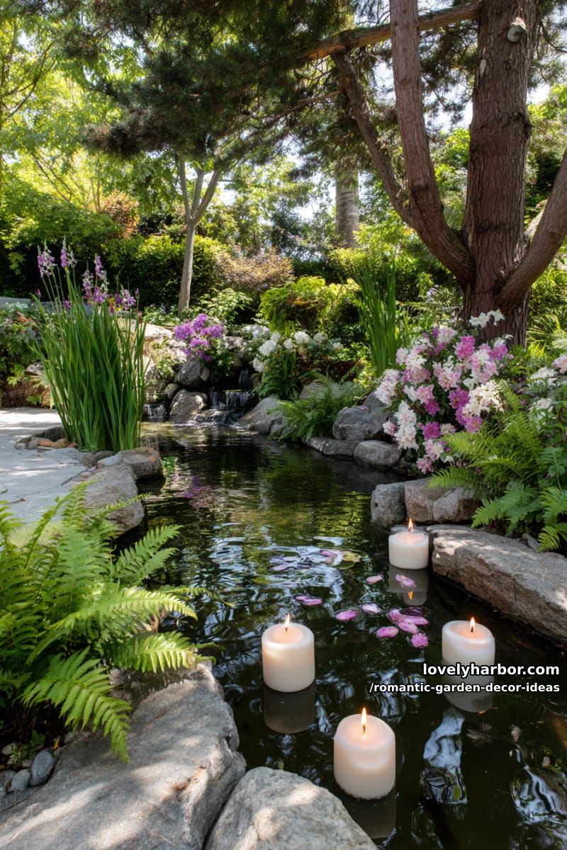 floating candles in pond surrounded by lush garden florals 1