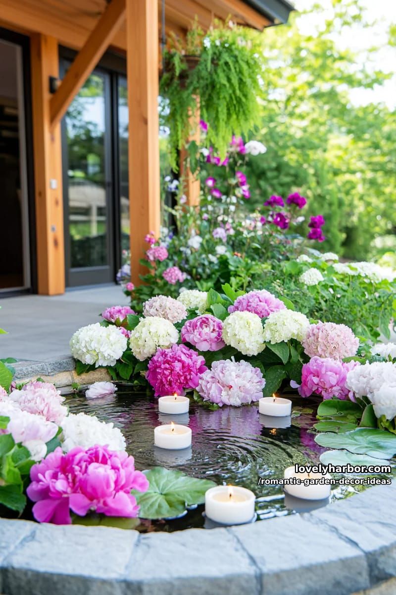 floating candles in pond surrounded by lush garden florals 1
