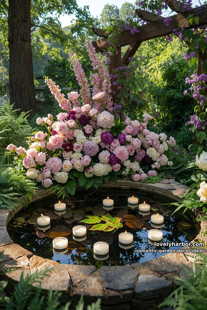 floating candles in pond surrounded by lush garden florals 1