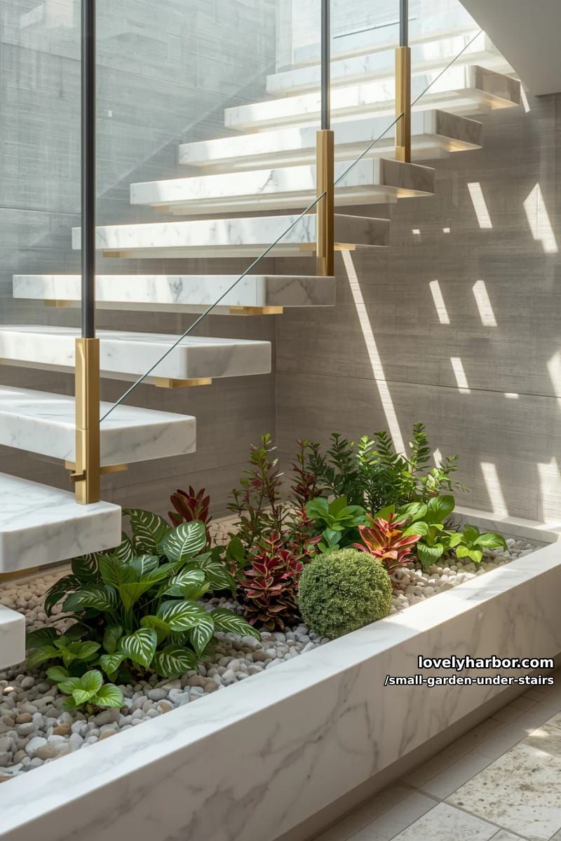 floating marble steps, glass railing, planter with ornamental plants, gold accents. 1