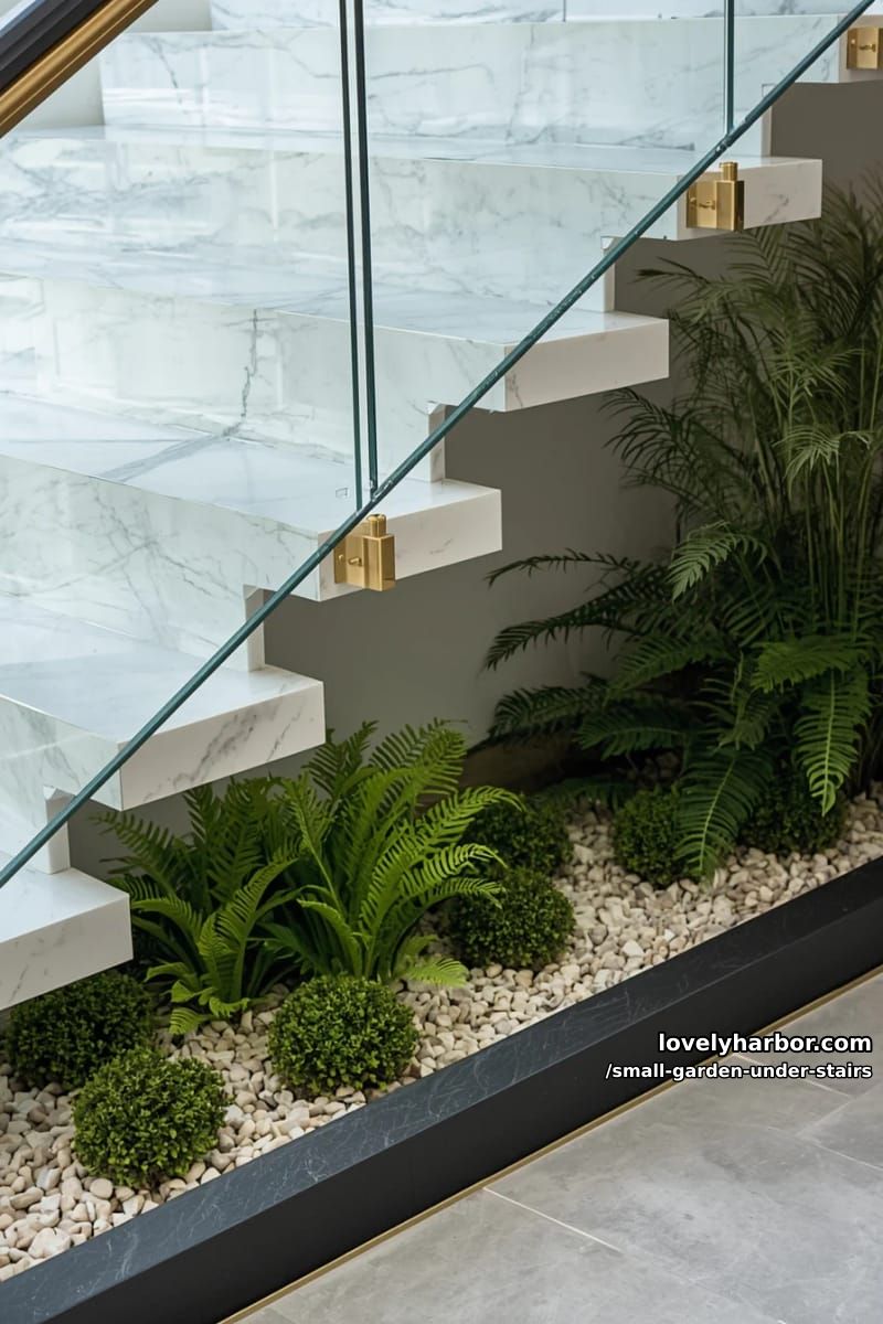floating marble steps, glass railing, planter with ornamental plants, gold accents. 1