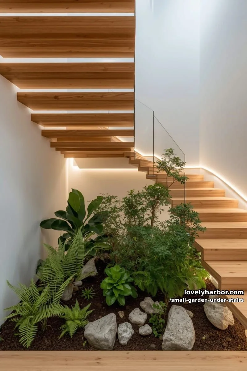 floating wooden staircase with lush garden, gray stones, and indirect lighting. 1